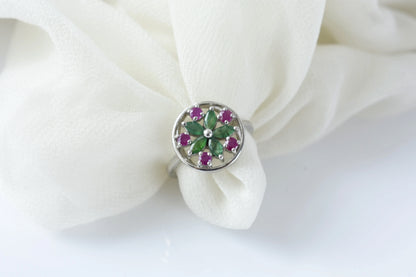 Emerald and ruby flower cluster ring in 925 silver
