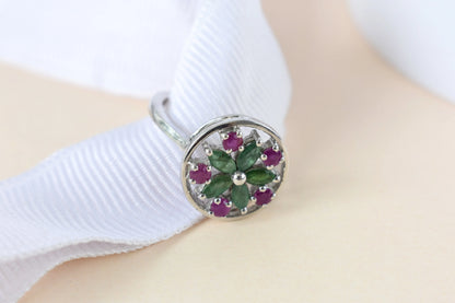 Emerald and ruby flower cluster ring in 925 silver