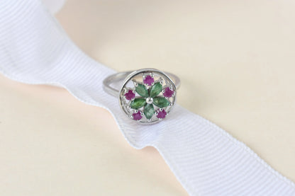 Emerald and ruby flower cluster ring in 925 silver