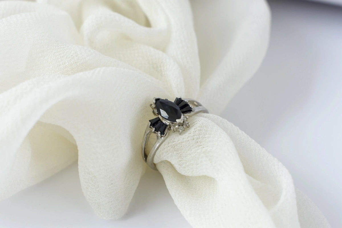 Black spinel marquise cluster ring in 925 silver