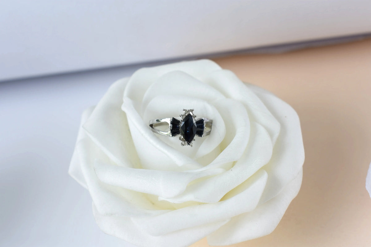 Black spinel marquise cluster ring in 925 silver