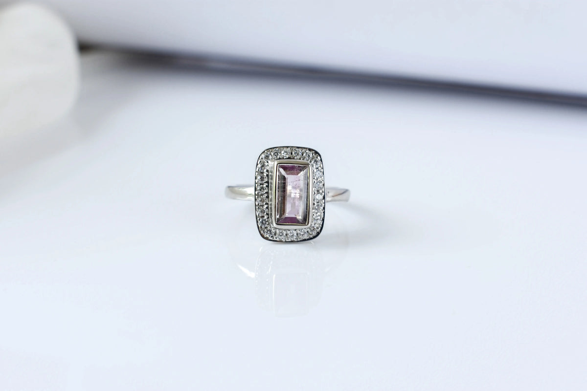 Pink tourmaline emerald-cut halo ring in 925 silver