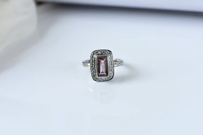 Pink tourmaline emerald-cut halo ring in 925 silver