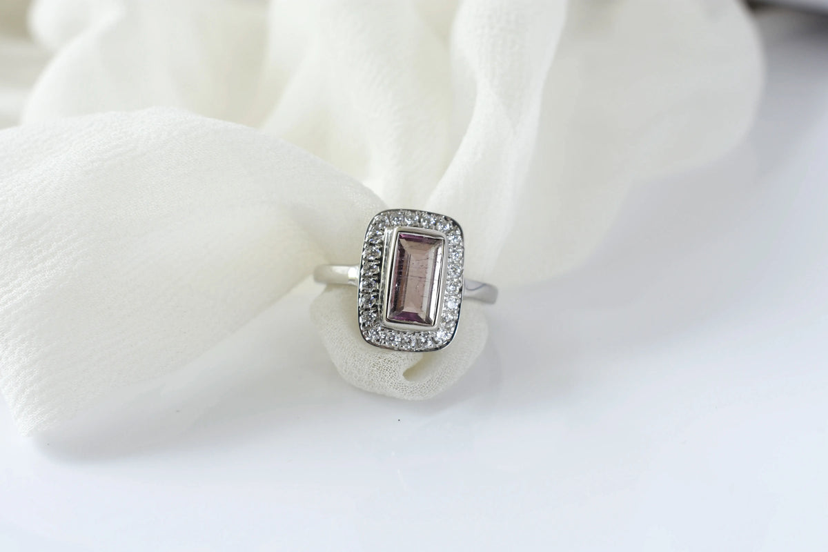 Pink tourmaline emerald-cut halo ring in 925 silver