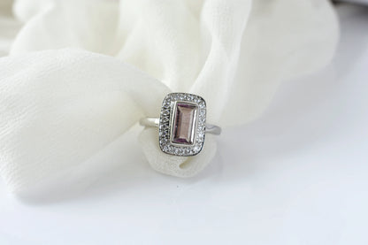 Pink tourmaline emerald-cut halo ring in 925 silver