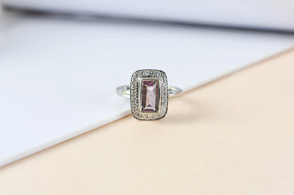 Pink tourmaline emerald-cut halo ring in 925 silver