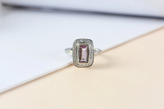 Pink tourmaline emerald-cut halo ring in 925 silver