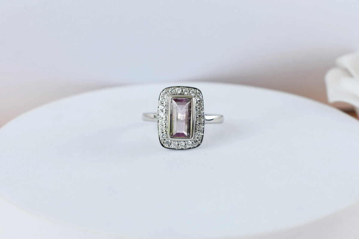 Pink tourmaline emerald-cut halo ring in 925 silver