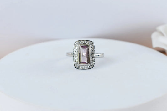 Pink tourmaline emerald-cut halo ring in 925 silver