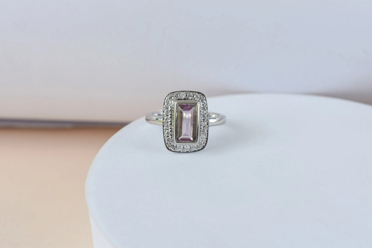 Pink tourmaline emerald-cut halo ring in 925 silver