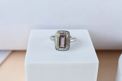 Pink tourmaline emerald-cut halo ring in 925 silver