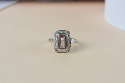 Pink tourmaline emerald-cut halo ring in 925 silver