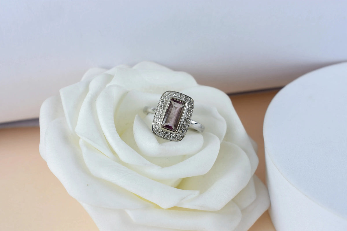 Pink tourmaline emerald-cut halo ring in 925 silver