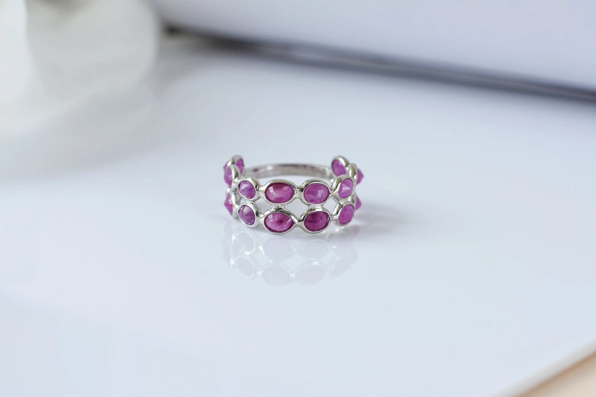 Ruby cluster ladder ring in 925 silver