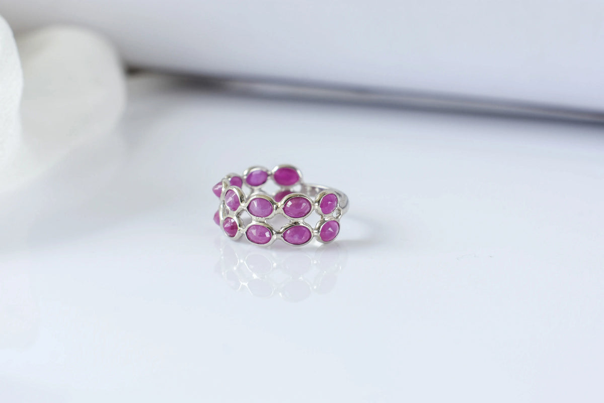 Ruby cluster ladder ring in 925 silver