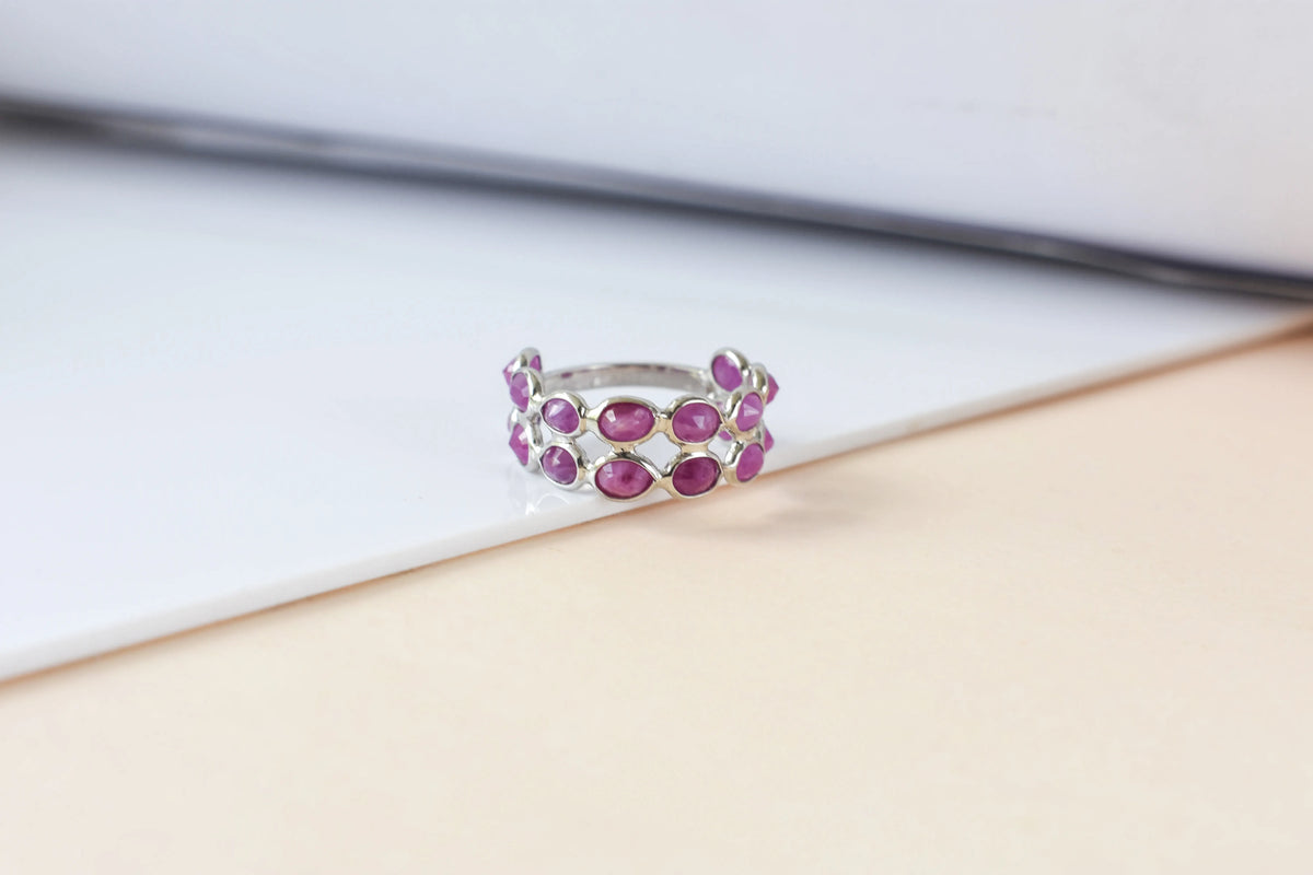 Ruby cluster ladder ring in 925 silver
