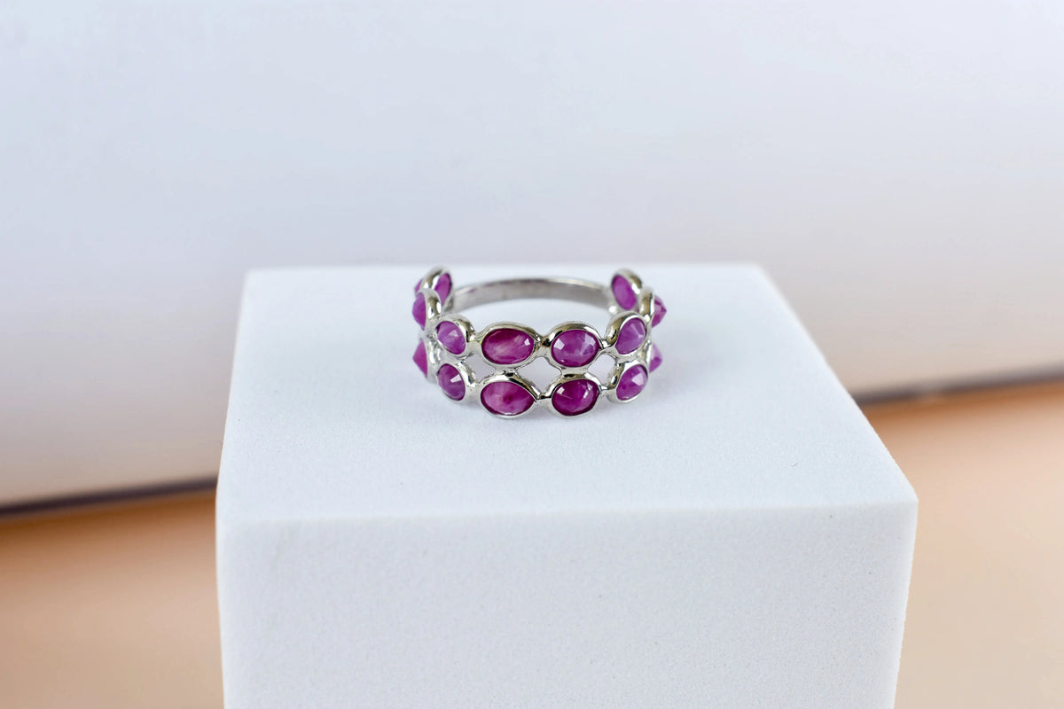 Ruby cluster ladder ring in 925 silver