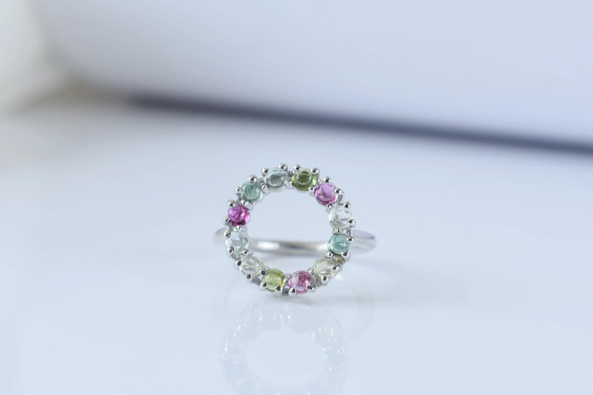 Multi tourmaline circle wreath ring in 925 silver