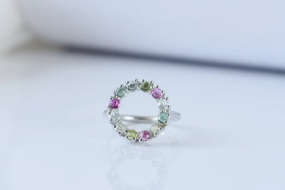 Multi tourmaline circle wreath ring in 925 silver