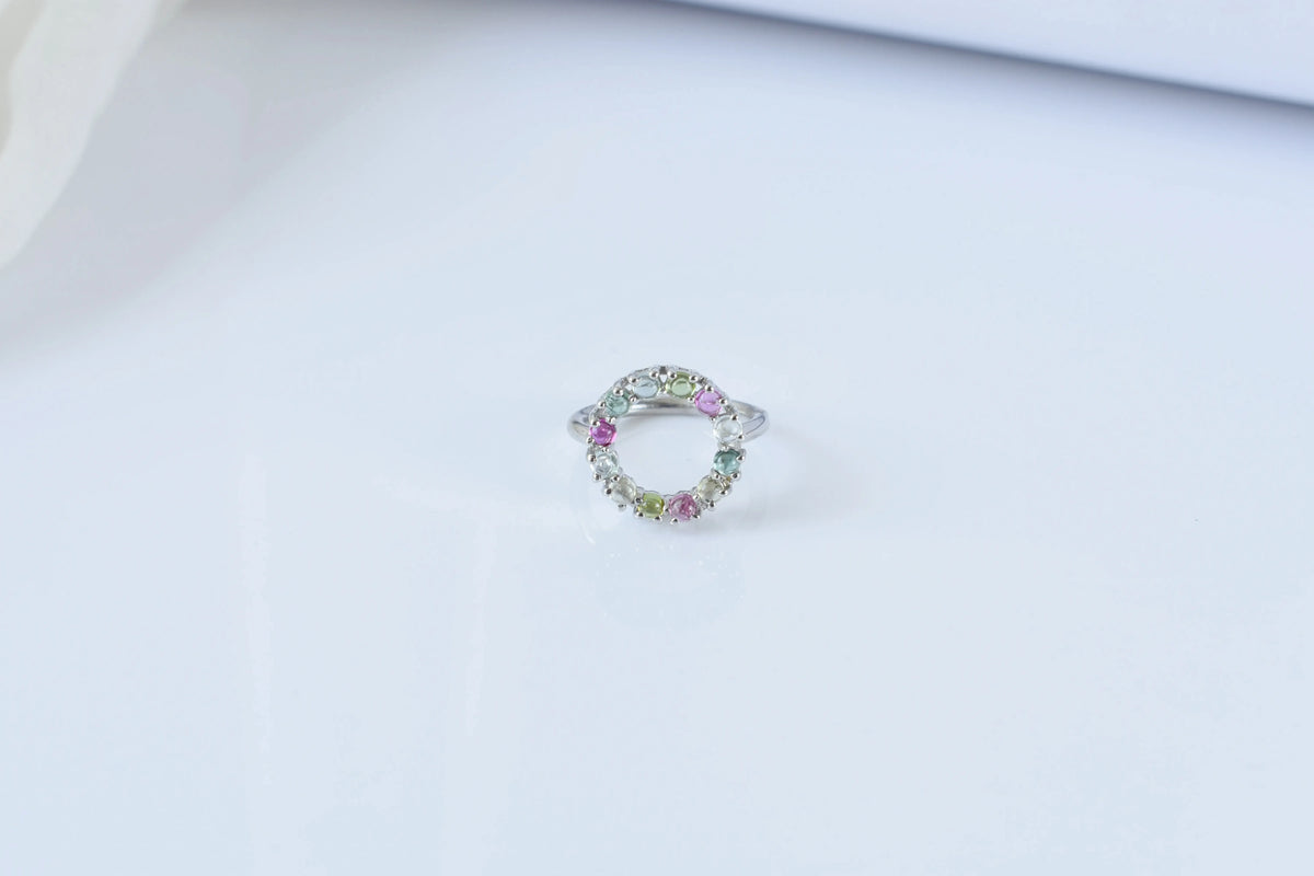 Multi tourmaline circle wreath ring in 925 silver
