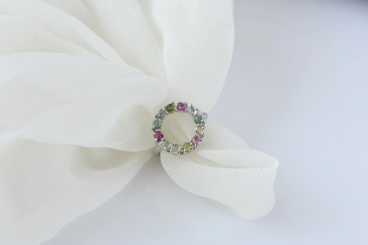 Multi tourmaline circle wreath ring in 925 silver