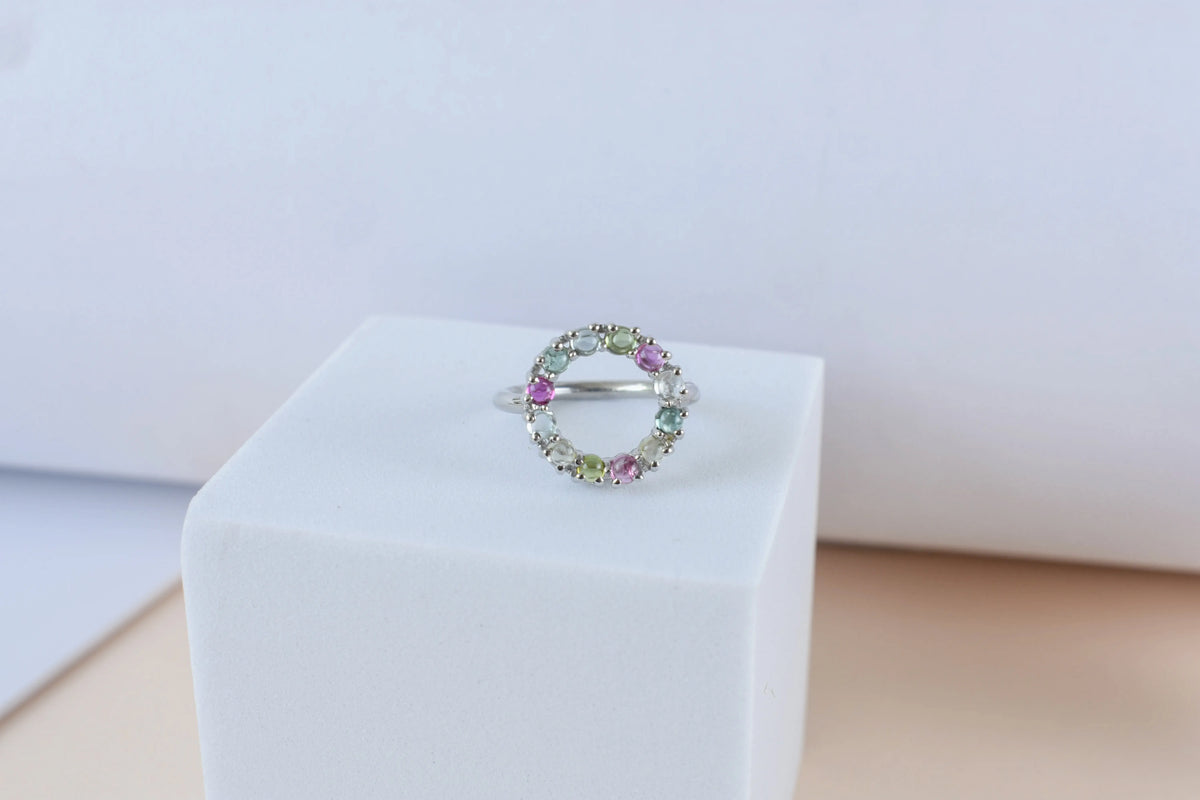 Multi tourmaline circle wreath ring in 925 silver