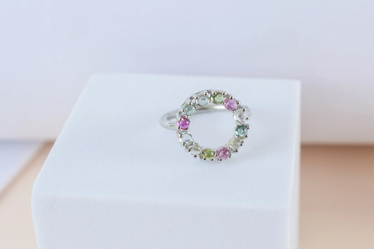 Multi tourmaline circle wreath ring in 925 silver