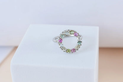 Multi tourmaline circle wreath ring in 925 silver