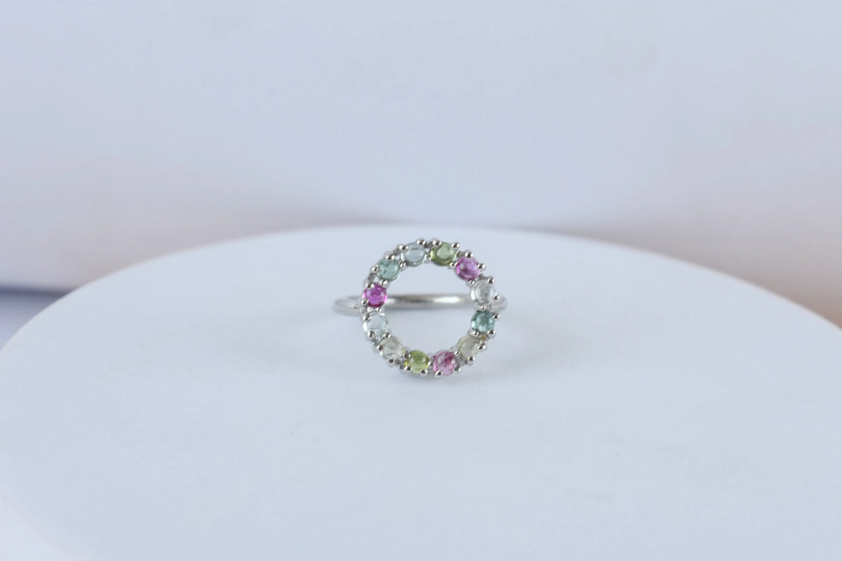 Multi tourmaline circle wreath ring in 925 silver