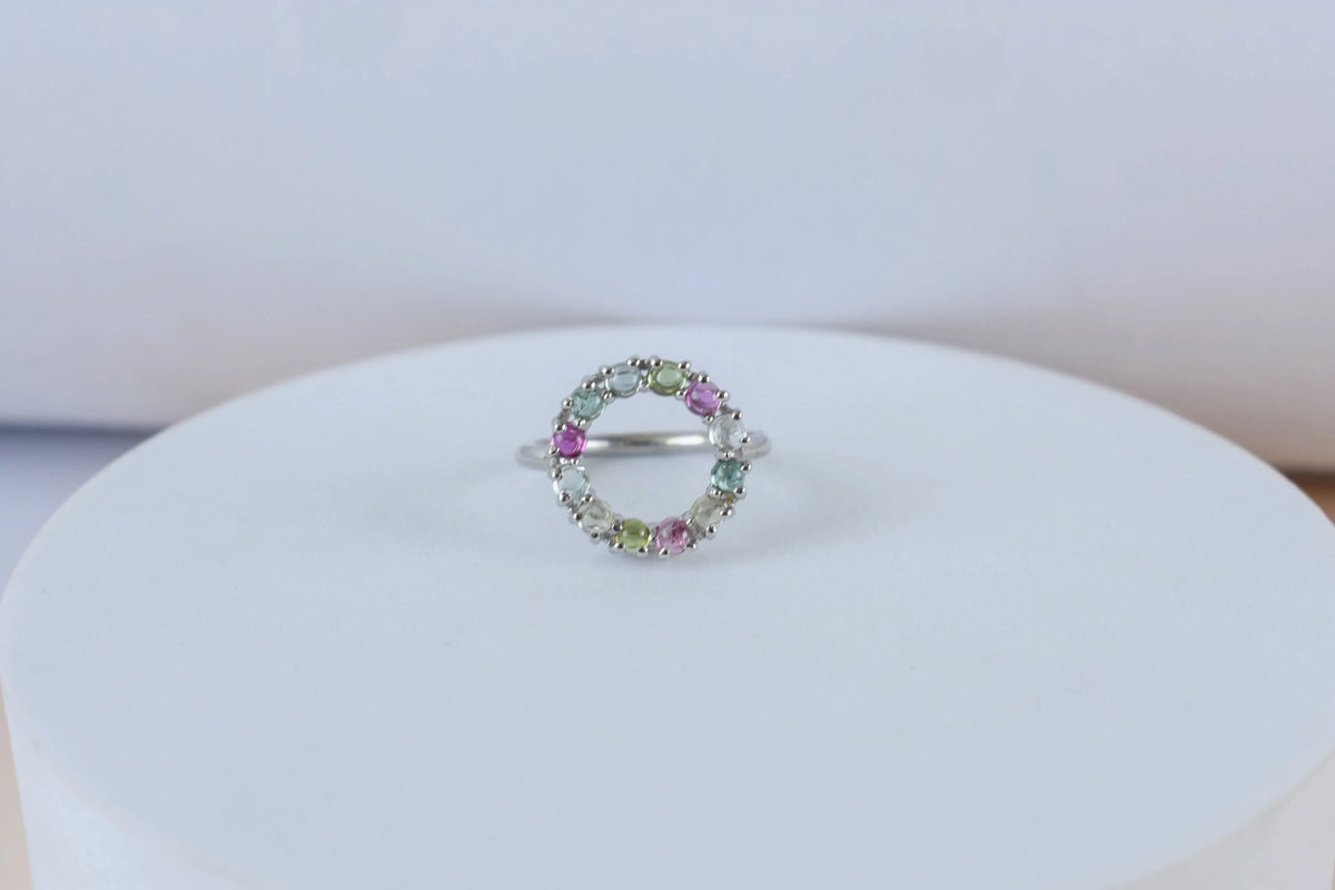 Multi tourmaline circle wreath ring in 925 silver