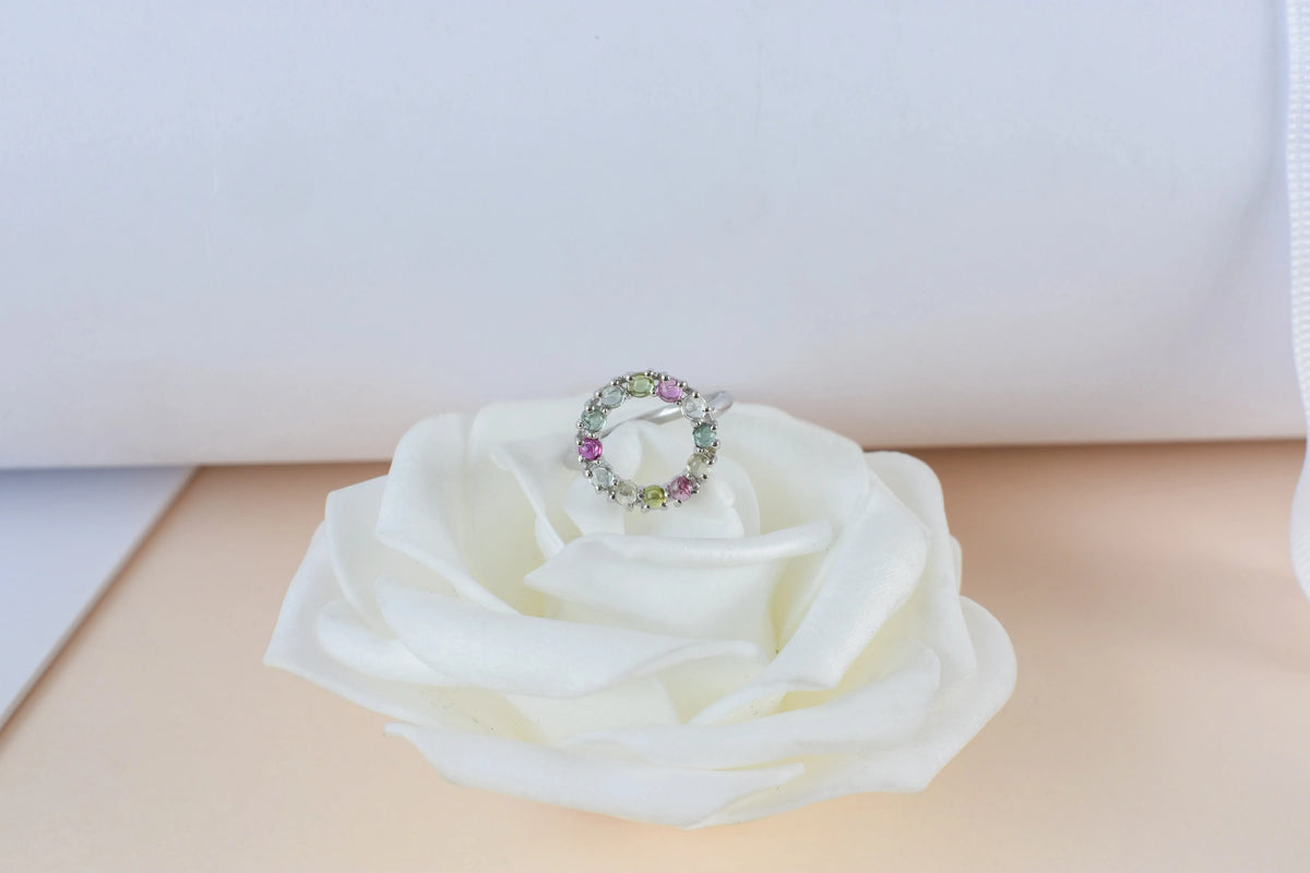 Multi tourmaline circle wreath ring in 925 silver