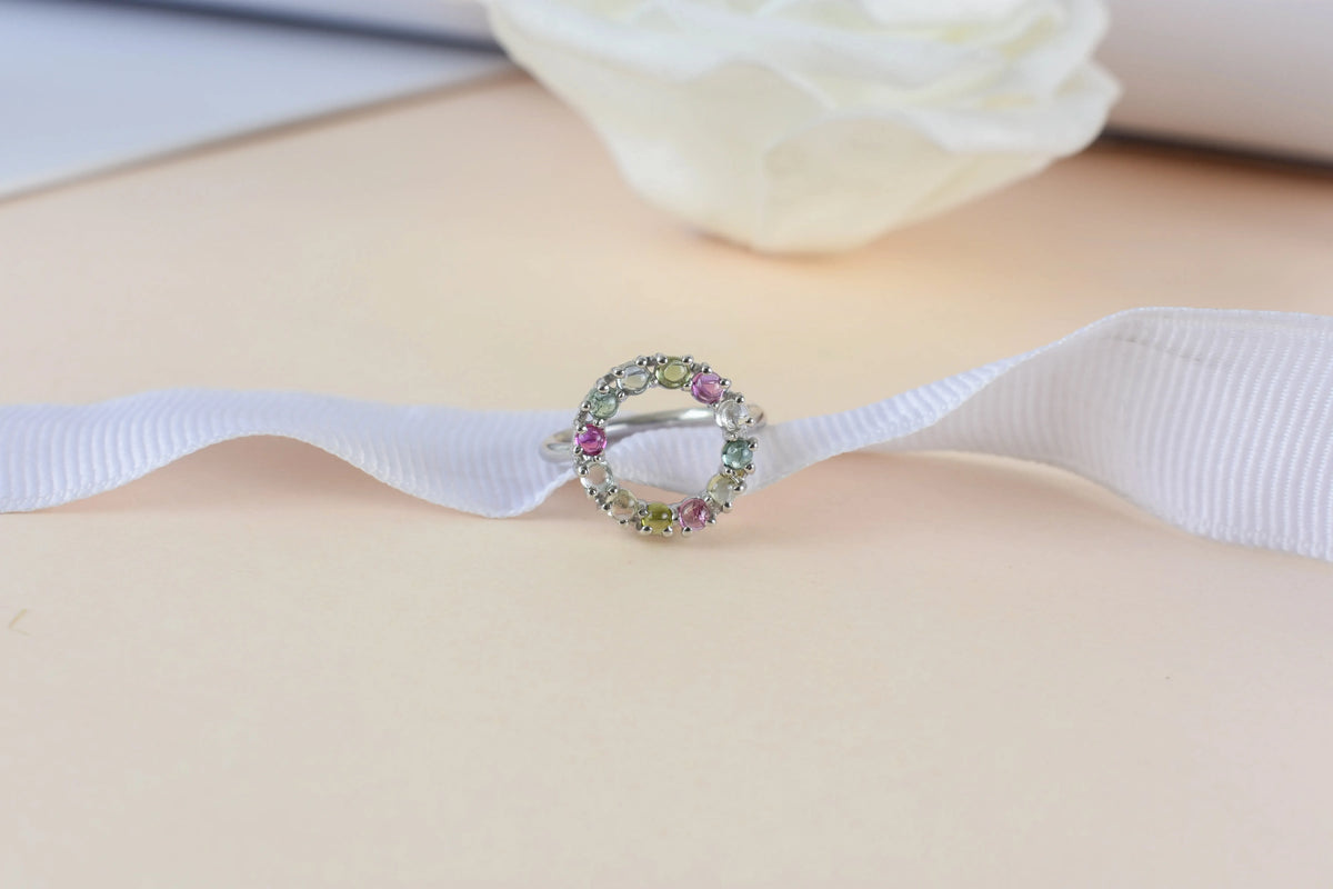 Multi tourmaline circle wreath ring in 925 silver