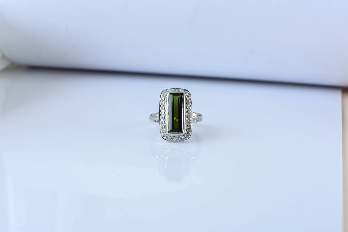 Green tourmaline emerald-cut halo ring in 925 silver