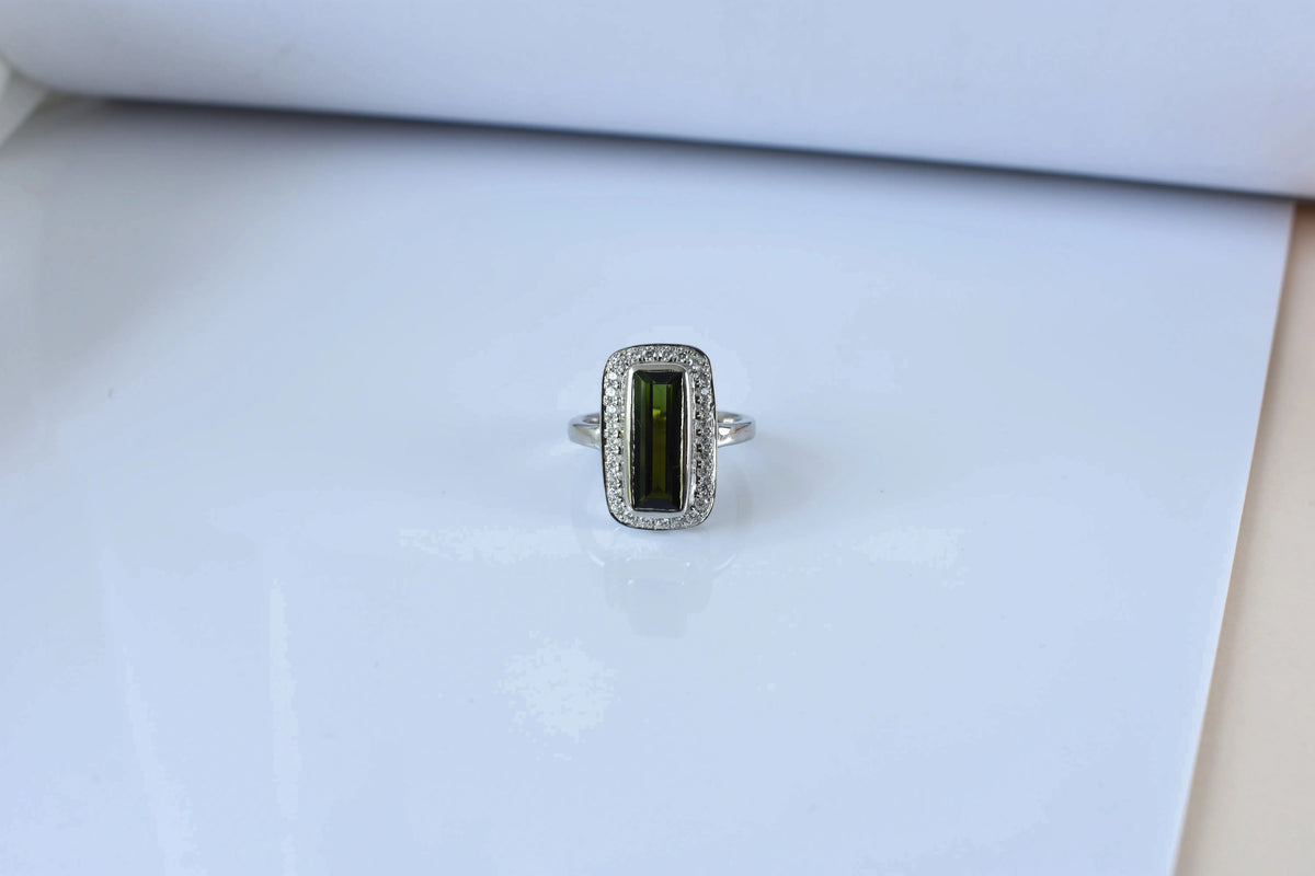 Green tourmaline emerald-cut halo ring in 925 silver
