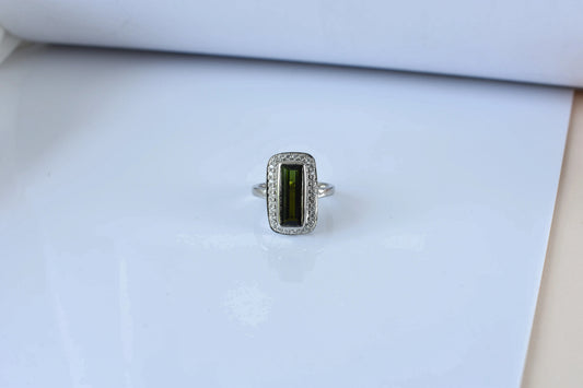 Green tourmaline emerald-cut halo ring in 925 silver