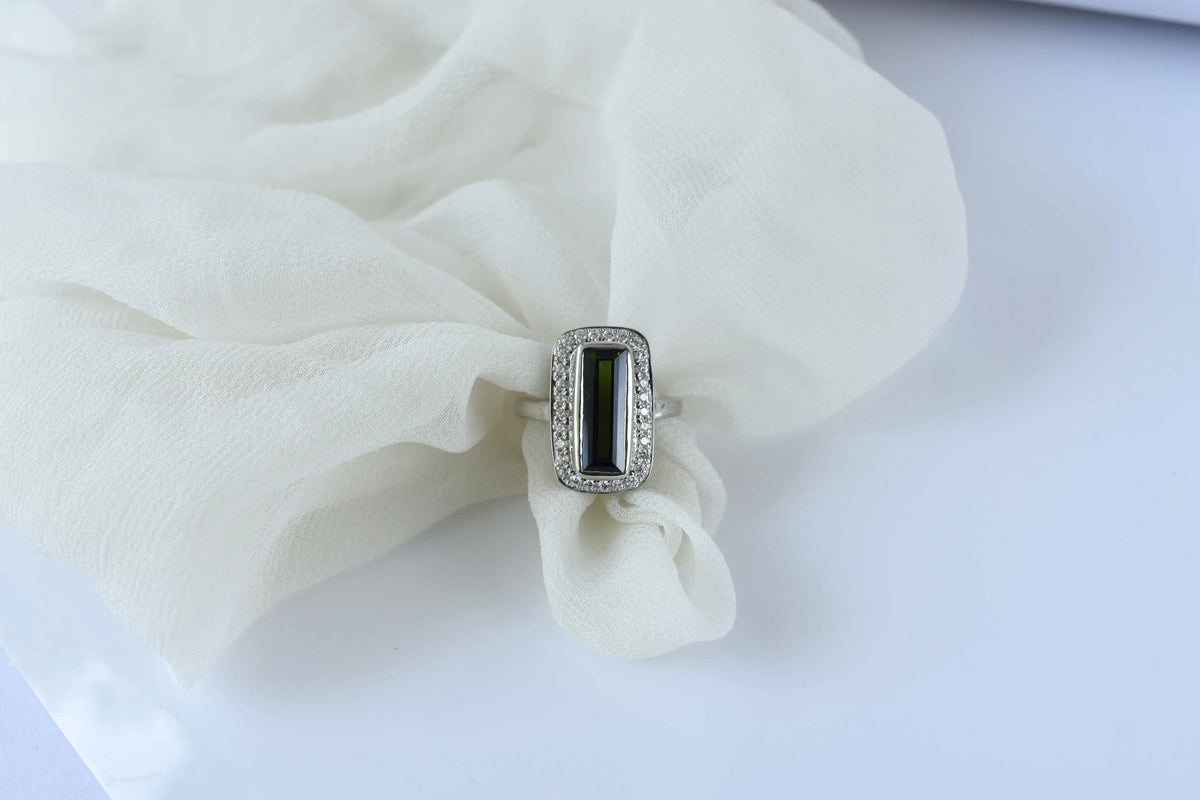 Green tourmaline emerald-cut halo ring in 925 silver