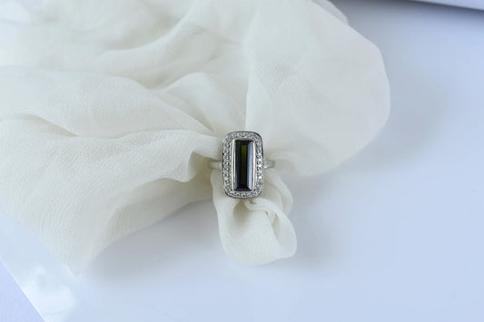 Green tourmaline emerald-cut halo ring in 925 silver