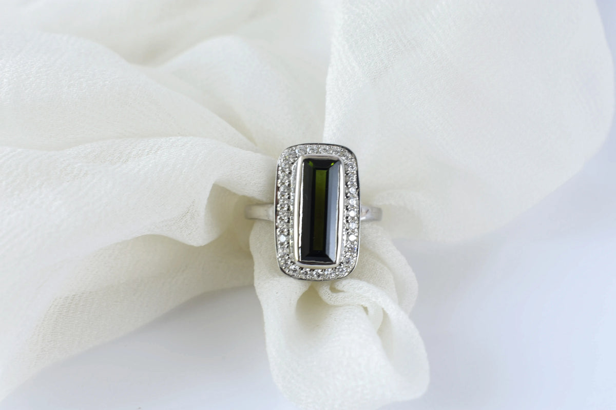 Green tourmaline emerald-cut halo ring in 925 silver