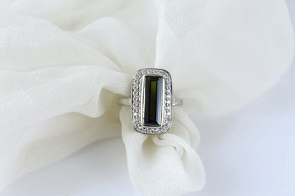 Green tourmaline emerald-cut halo ring in 925 silver