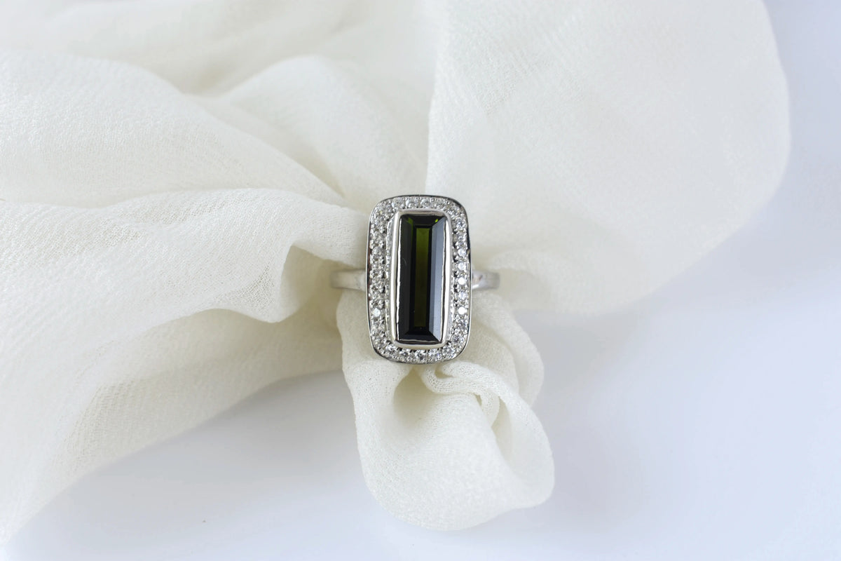 Green tourmaline emerald-cut halo ring in 925 silver