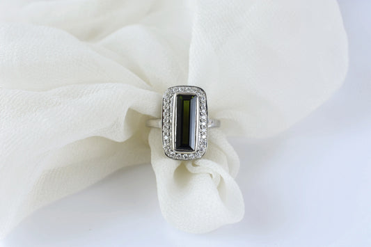 Green tourmaline emerald-cut halo ring in 925 silver
