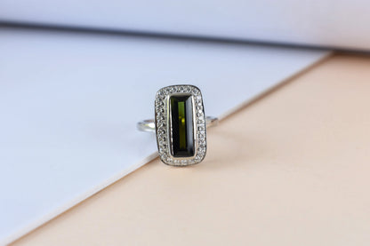 Green tourmaline emerald-cut halo ring in 925 silver