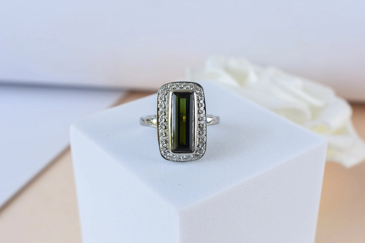 Green tourmaline emerald-cut halo ring in 925 silver