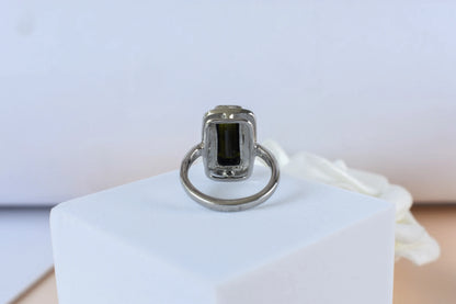 Green tourmaline emerald-cut halo ring in 925 silver