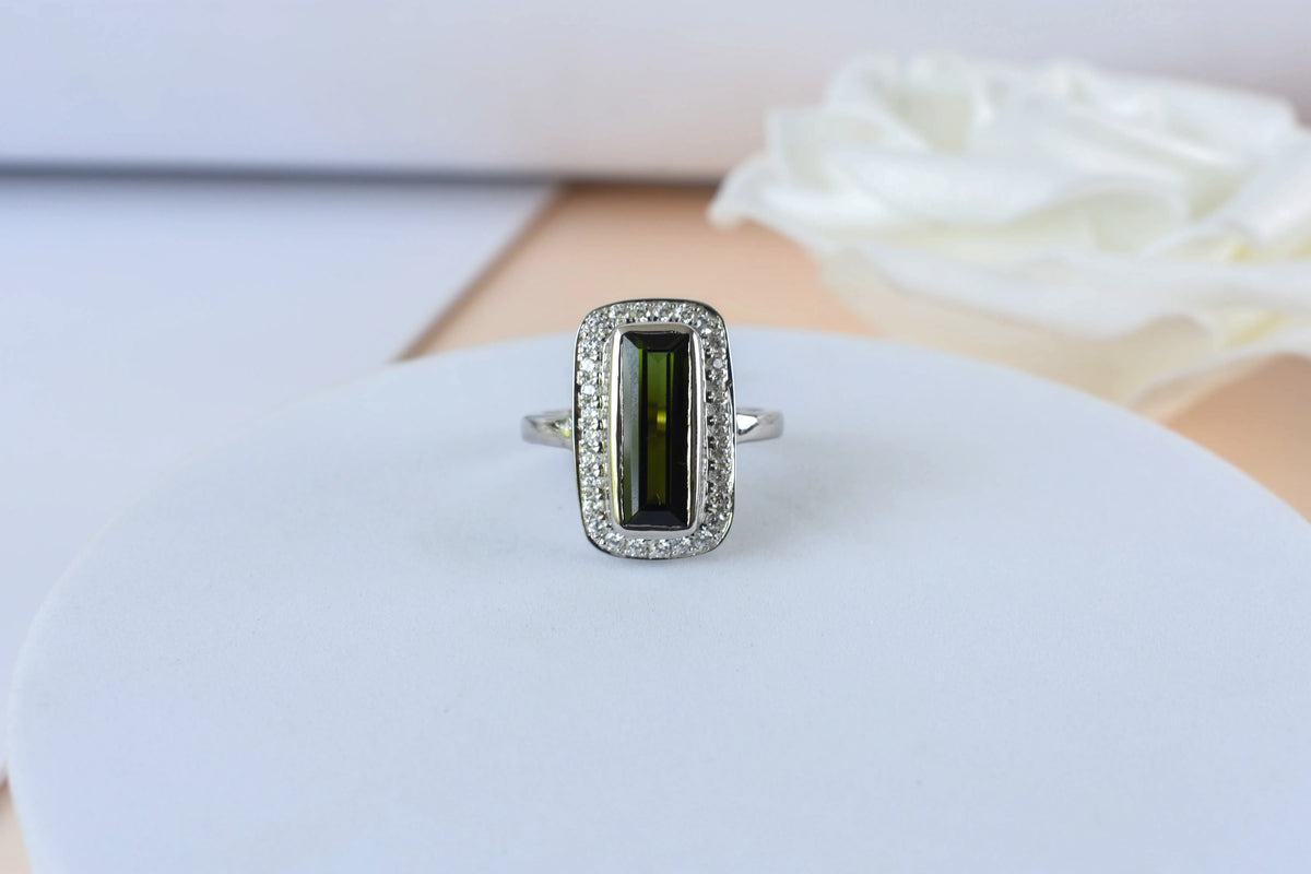 Green tourmaline emerald-cut halo ring in 925 silver