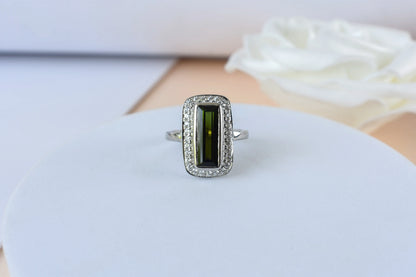 Green tourmaline emerald-cut halo ring in 925 silver
