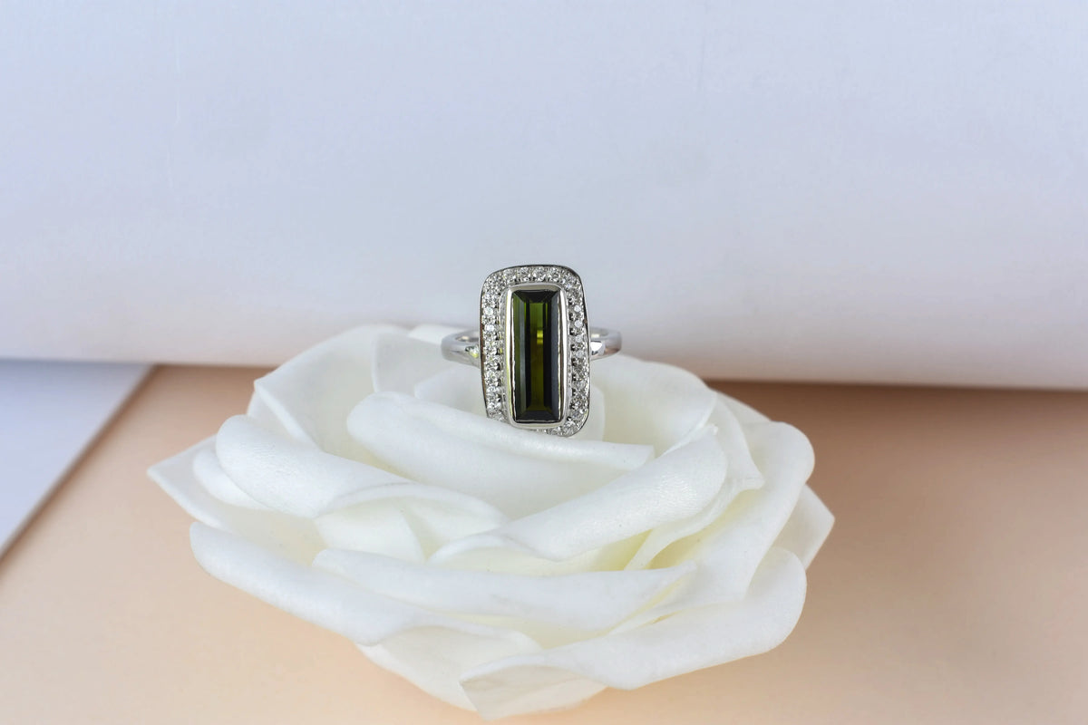 Green tourmaline emerald-cut halo ring in 925 silver