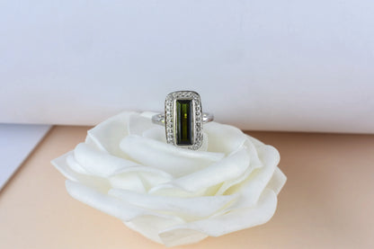 Green tourmaline emerald-cut halo ring in 925 silver