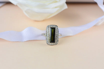 Green tourmaline emerald-cut halo ring in 925 silver