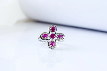 Ruby clover flower ring in 925 silver
